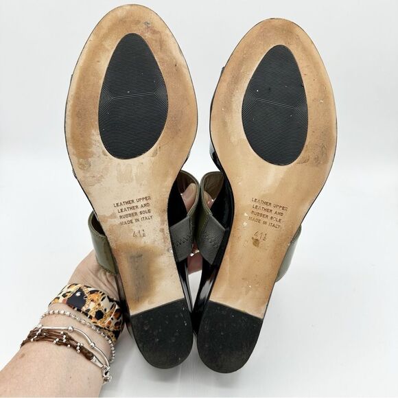 Anyi Lu Lucy Slip On Wedge Patent Leather Sandals Color Block Green/Black/Tan 11 - Picture 11 of 13